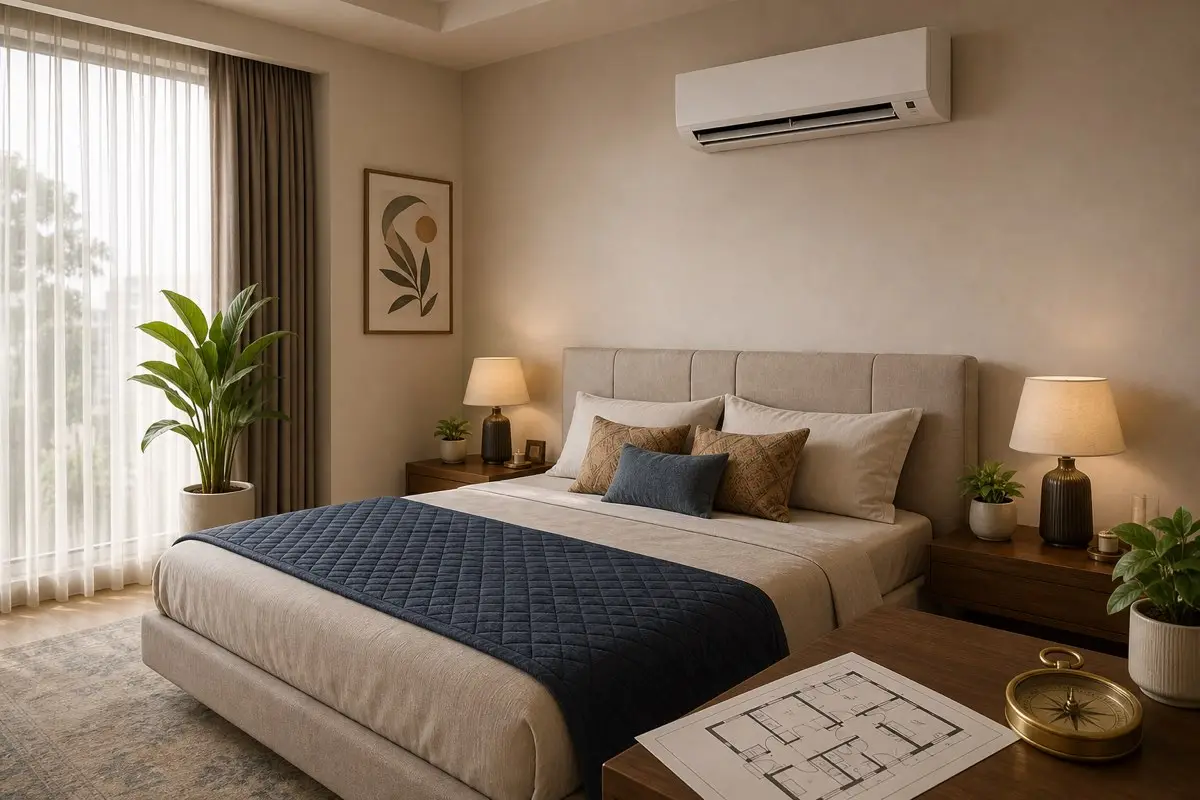 Realistic Indian bedroom with wall-mounted air conditioner, bed, curtains, soft light and clean Vastu-friendly layout