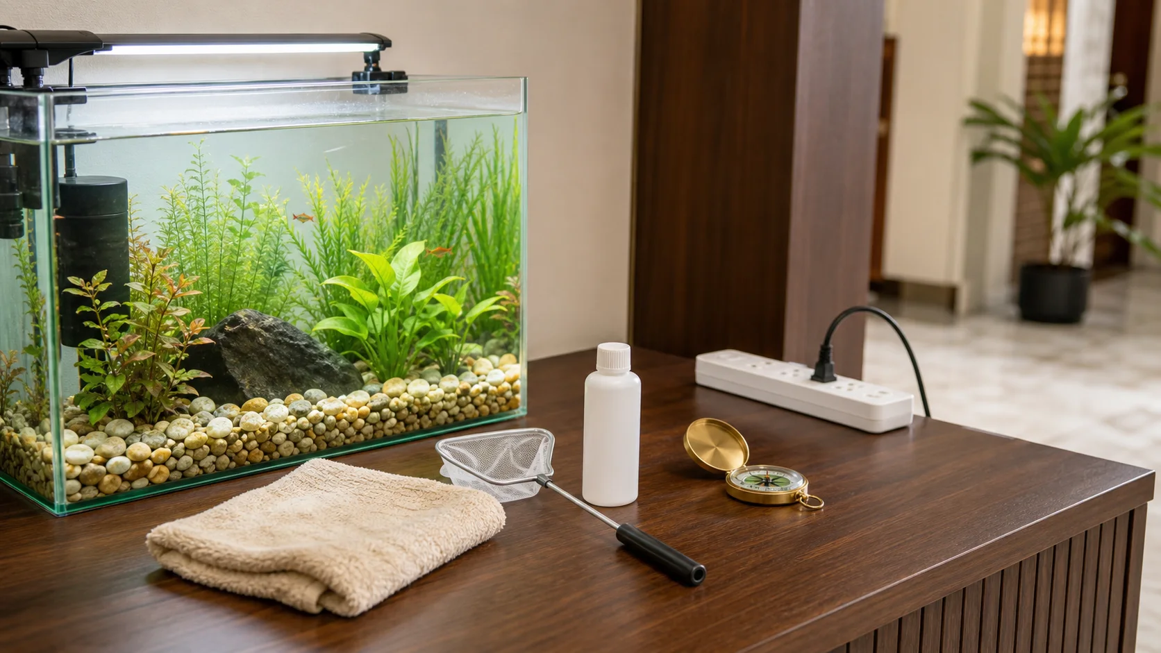 Aquarium maintenance setup with clean tank access, tools, towel, and organized care items