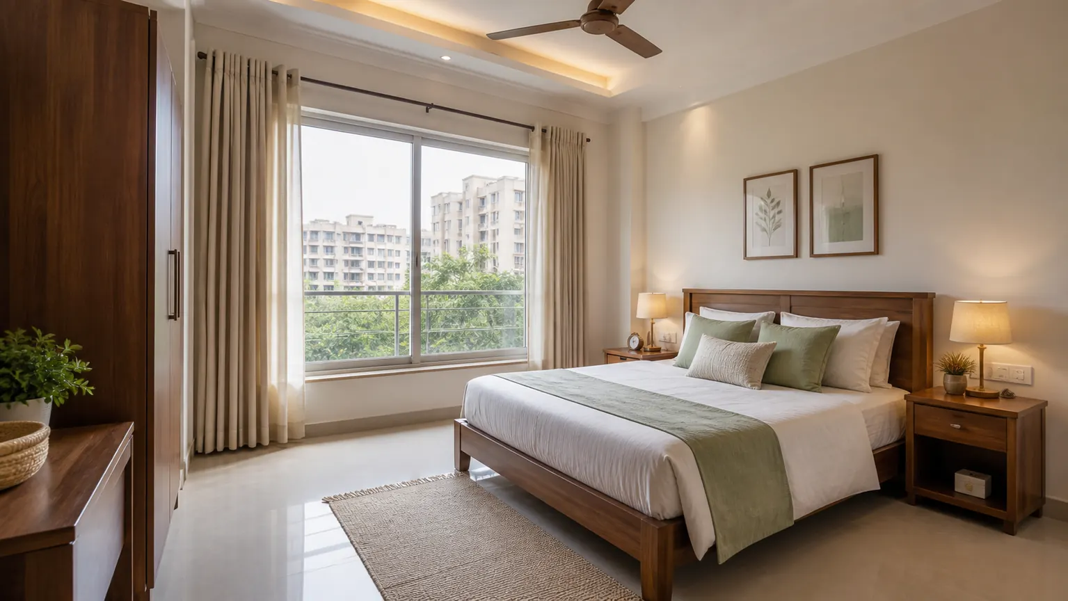 Calm Indian apartment bedroom with supported headboard, soft daylight and clear walking space