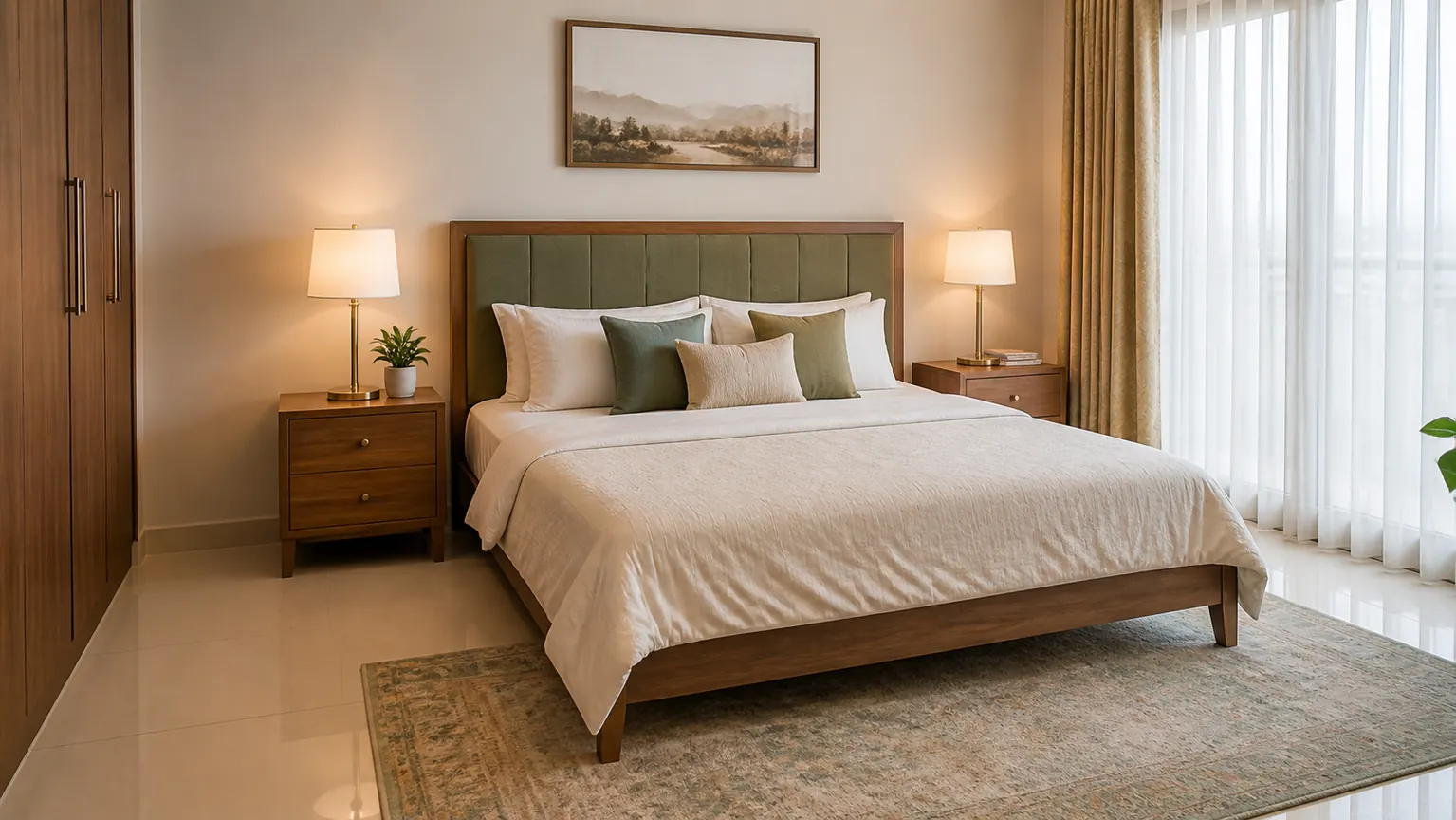 Indian bedroom with warm bedside lamps, balanced side tables and calm sleep-zone lighting