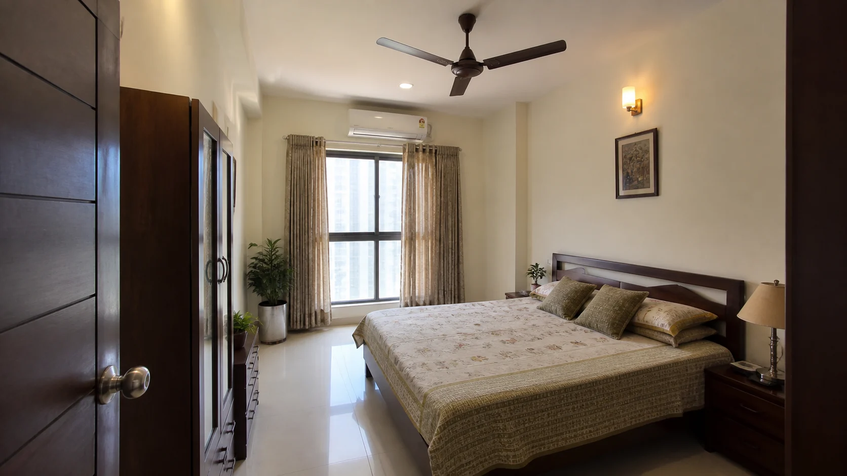 Realistic Indian apartment bedroom with ceiling fan placed safely above the room and balanced with bed and window