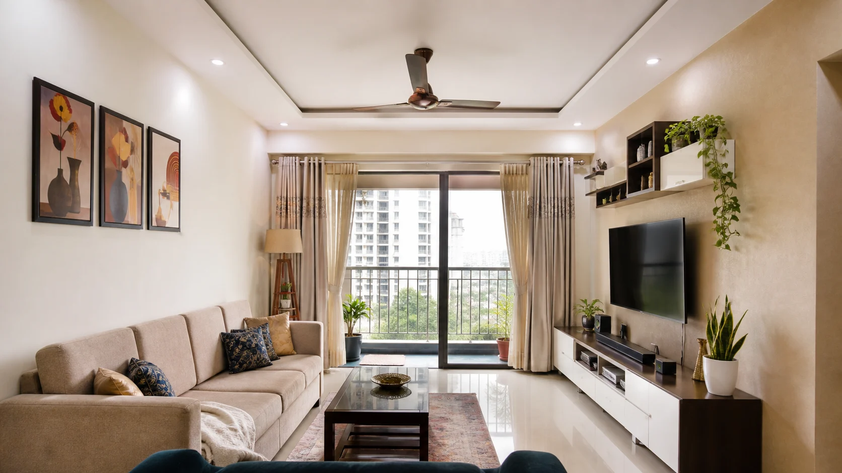 Living room ceiling and seating area with lighting, fan placement, and clear viewing orientation