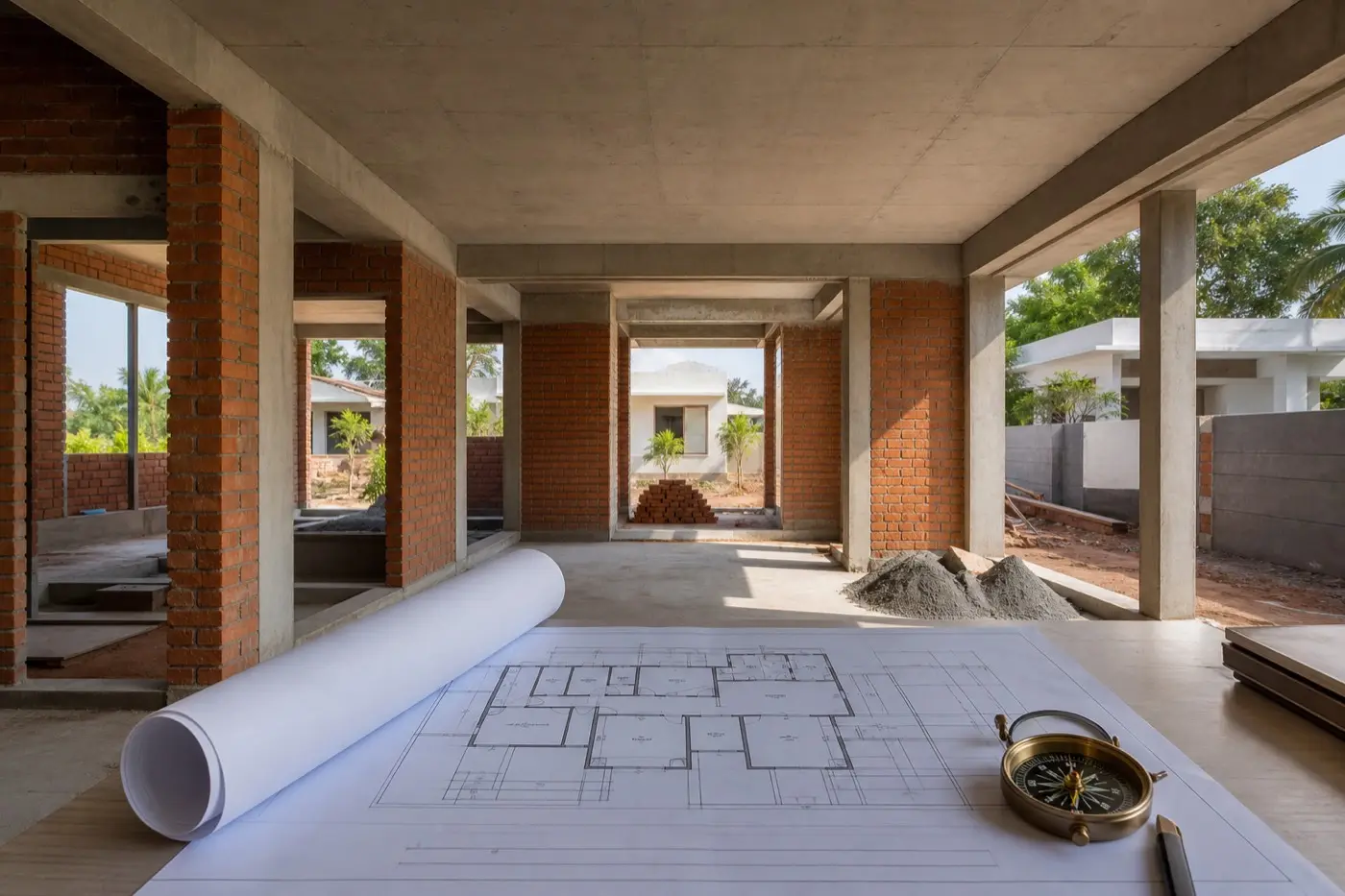 Realistic Indian home interior under construction with electrical planning, walls, ceiling and clean renovation layout