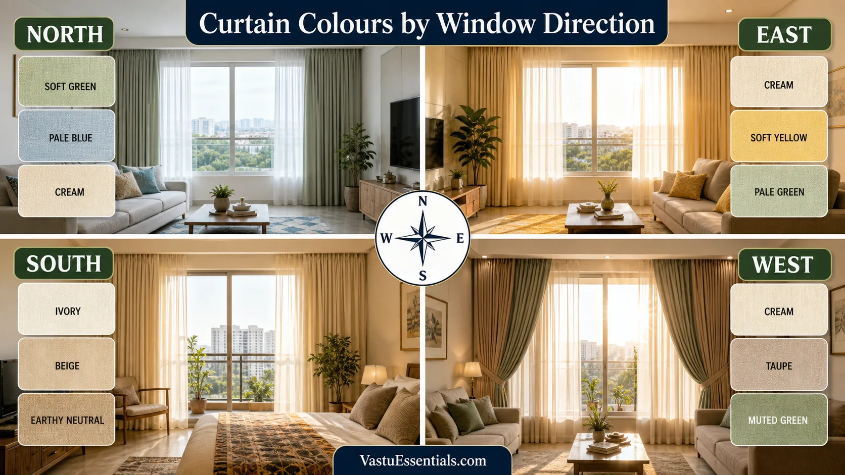Realistic curtain colour chart comparing North, East, South and West windows