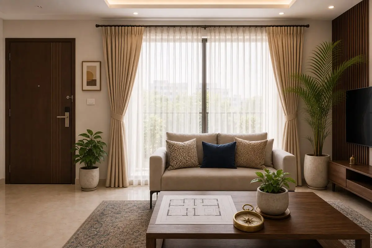 Realistic Indian living room with elegant curtains, sofa, daylight, warm colours and plants for Vastu home styling