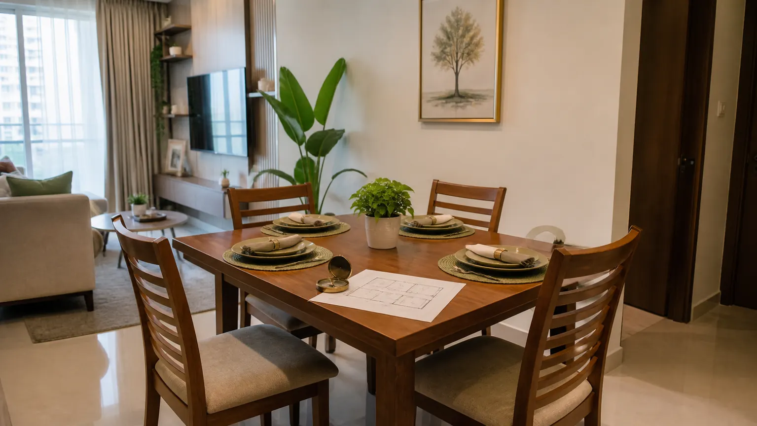 Realistic small Indian apartment dining table for Vastu shape and placement guidance