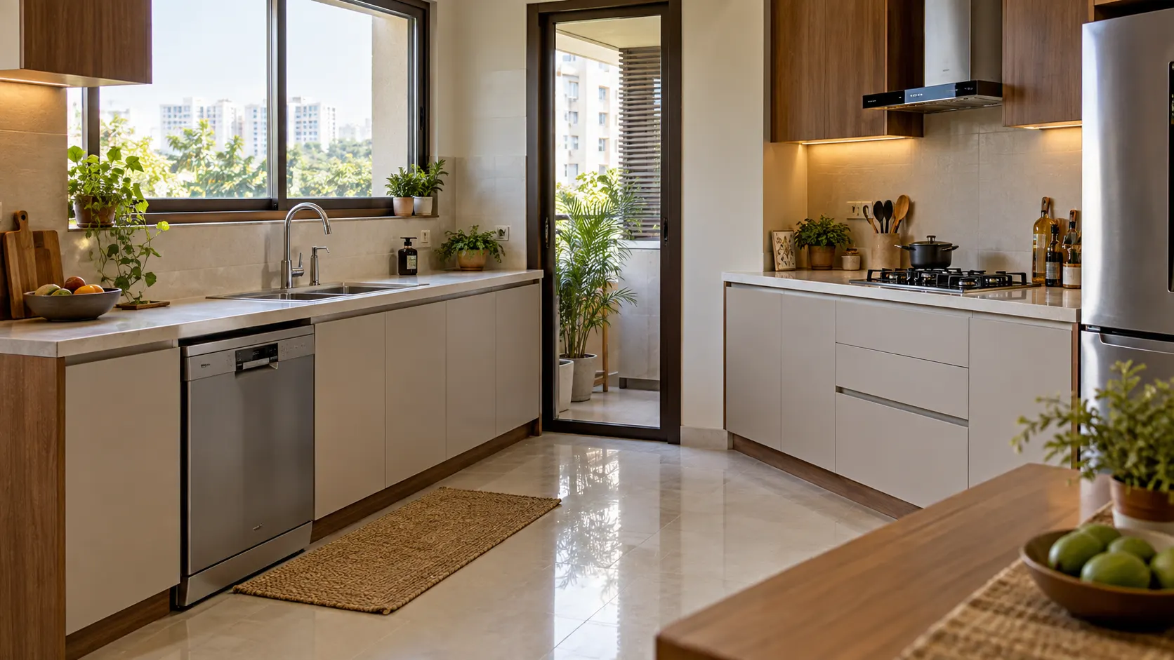 Modern Indian apartment kitchen with a built-in dishwasher beside the sink