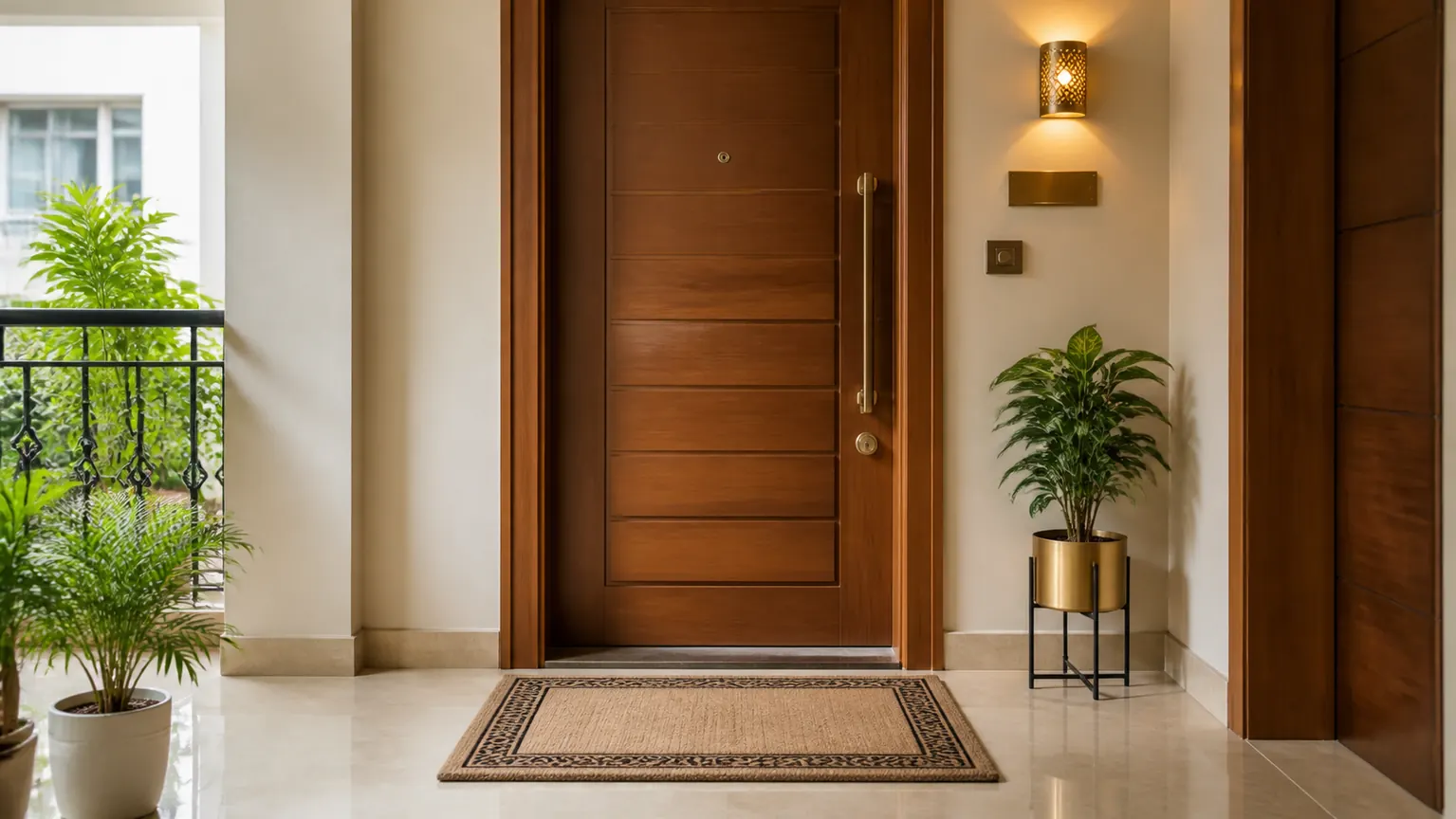 Realistic Indian apartment main entrance with clean doormat for Vastu guidance