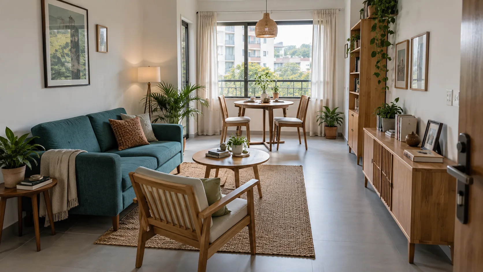 Compact living and dining room with a teal sofa and small round dining table