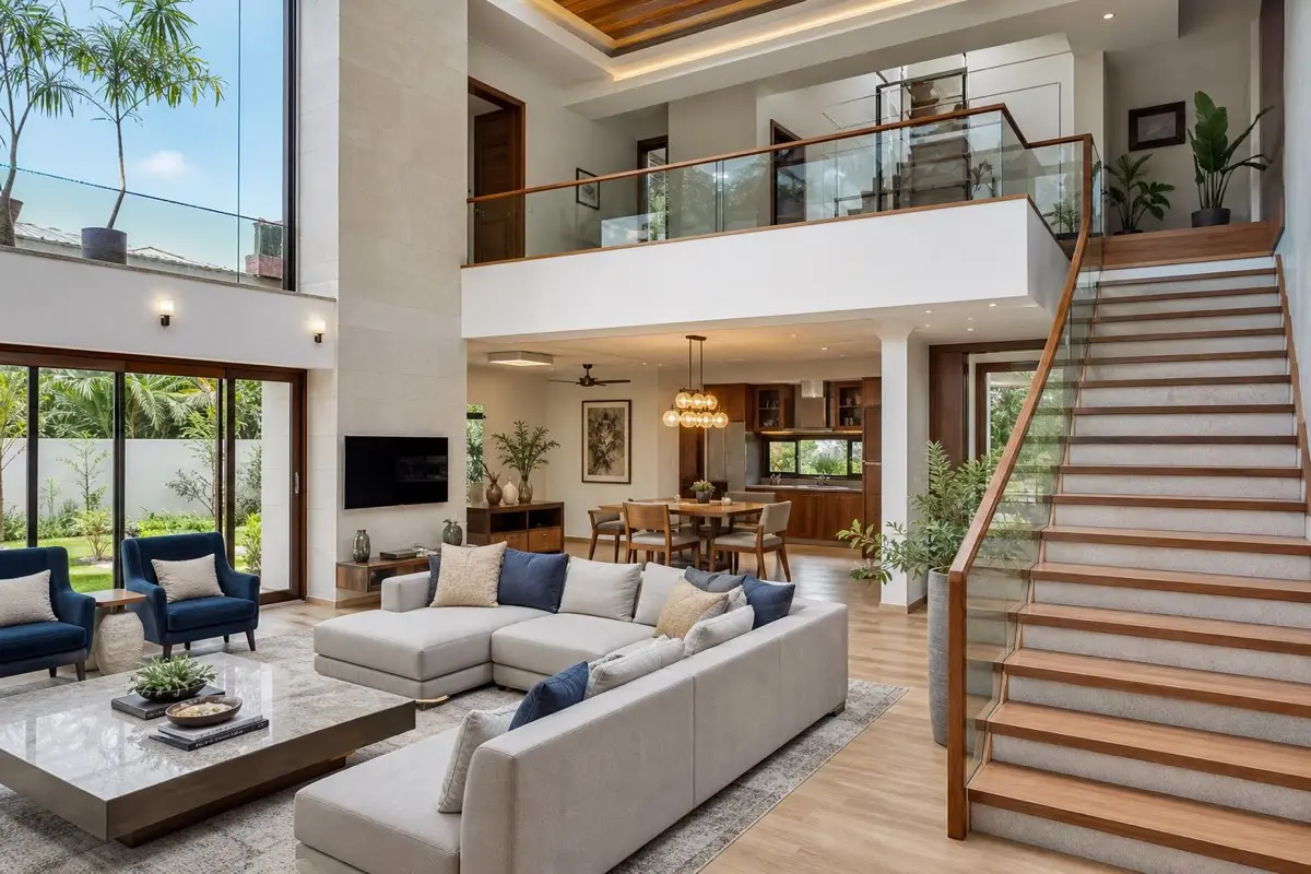 Realistic modern Indian duplex interior with staircase