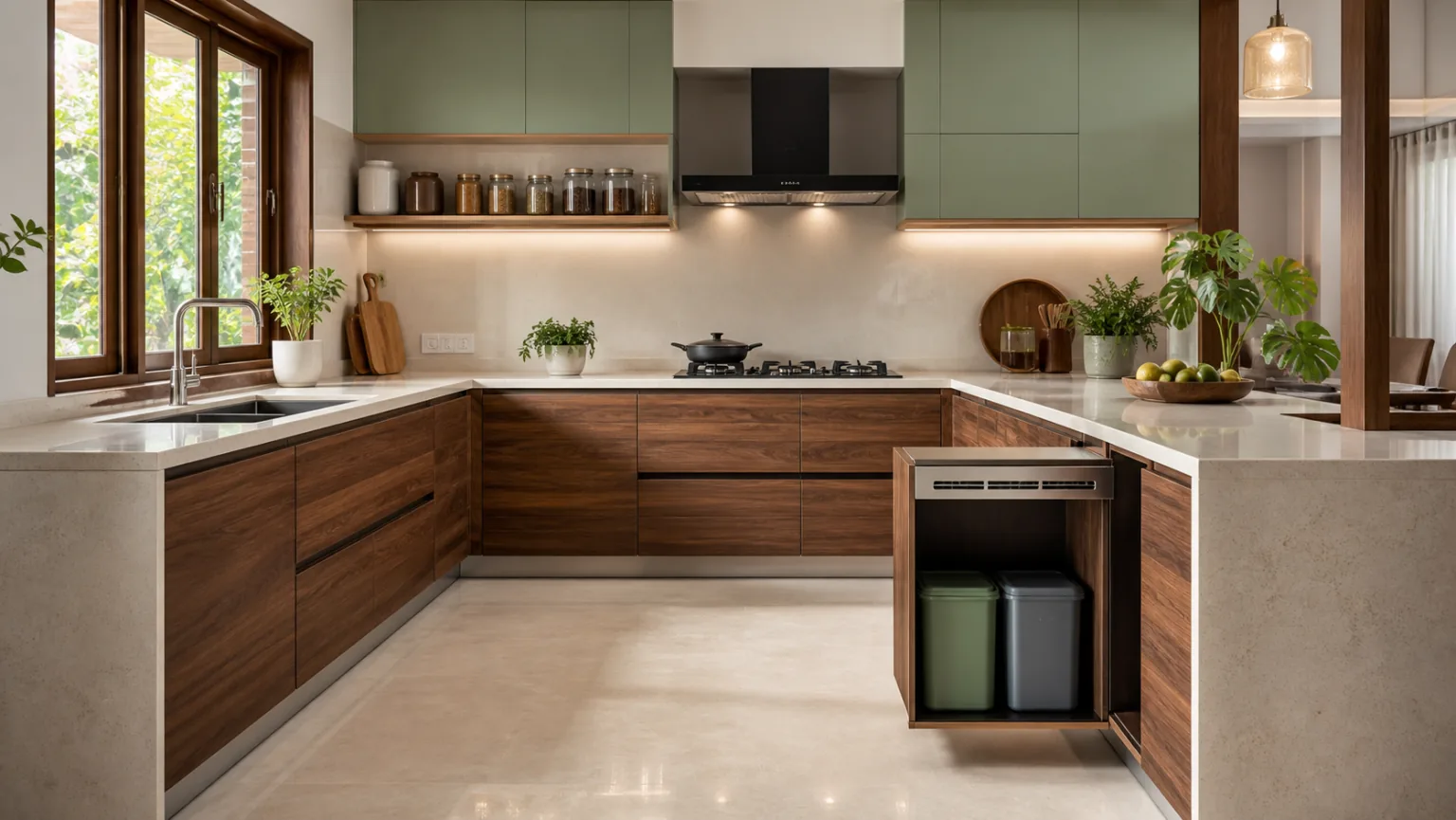 Realistic Indian modular kitchen with covered segregated waste bins in a lower cabinet