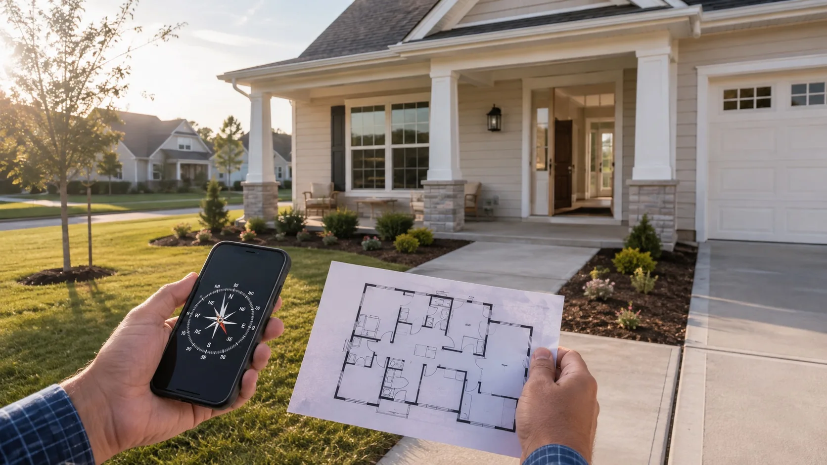 USA home buyer comparing East and West facing home direction with compass and floor plan