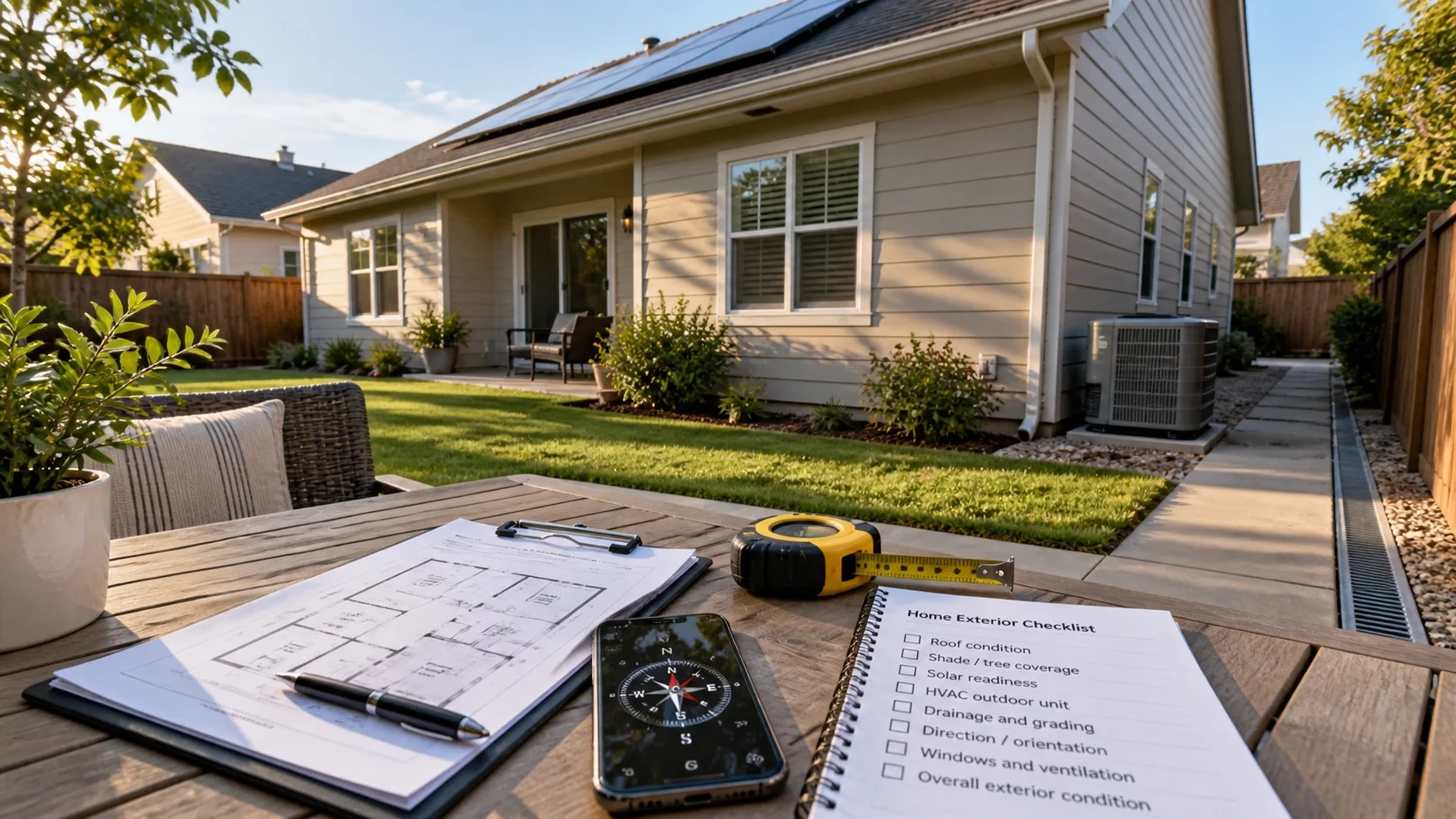 Exterior home inspection with roof solar panels HVAC unit floor plan compass and energy checklist