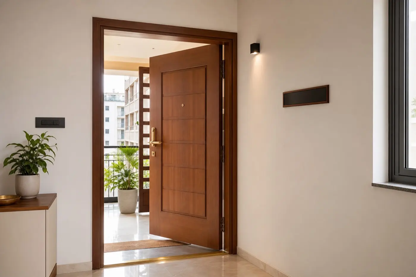 Realistic Indian main entrance with plants, warm lighting, name plate, clean threshold and welcoming Vastu style