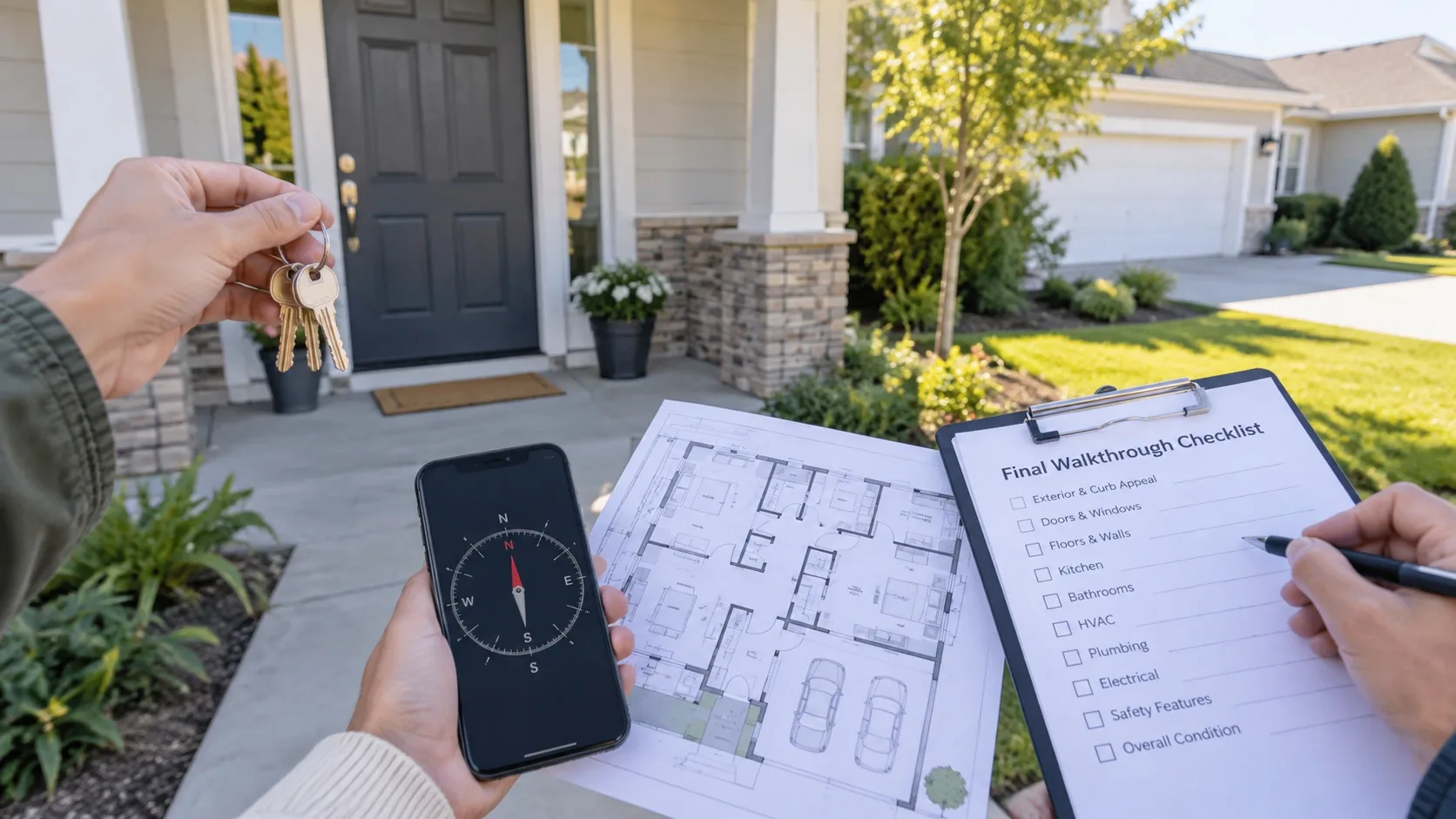 Home buyer checking keys compass floor plan and final walkthrough notes at the main entry