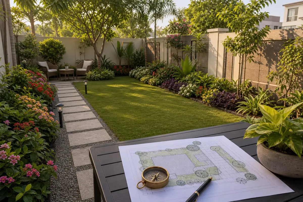 Realistic Indian balcony garden with plants, drain outlet, clean floor, sunlight and Vastu planning feel