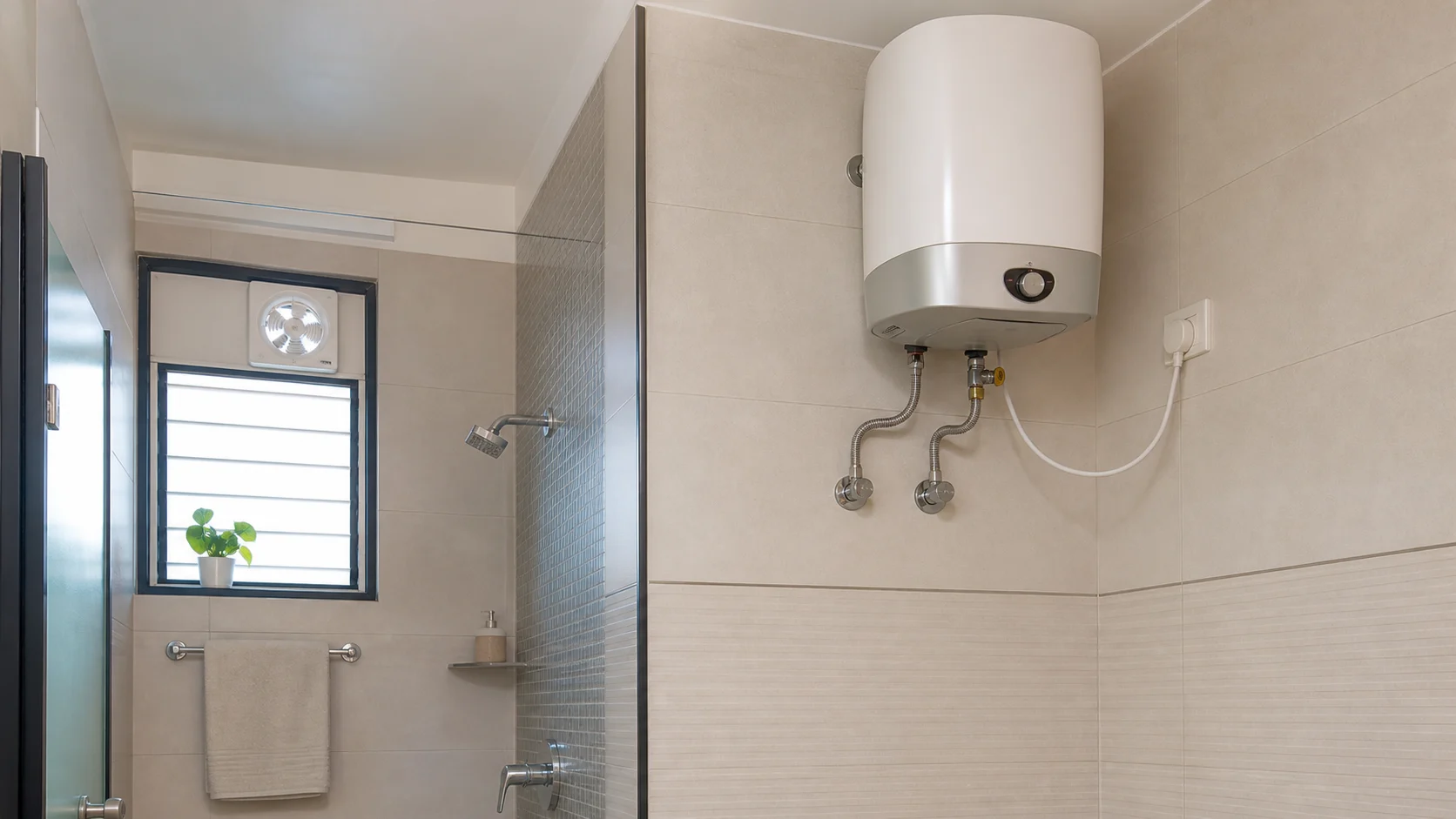 Realistic Indian apartment bathroom with wall mounted geyser on a dry ventilated side wall