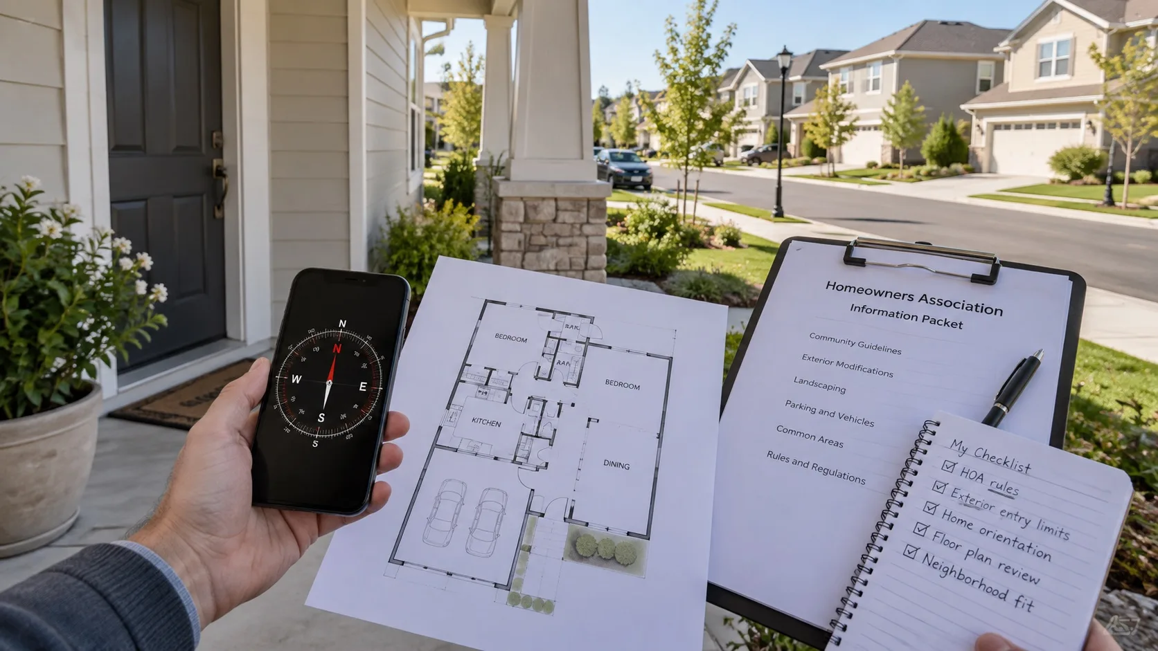 Home buyer reviewing HOA documents floor plan and compass at a USA community entrance