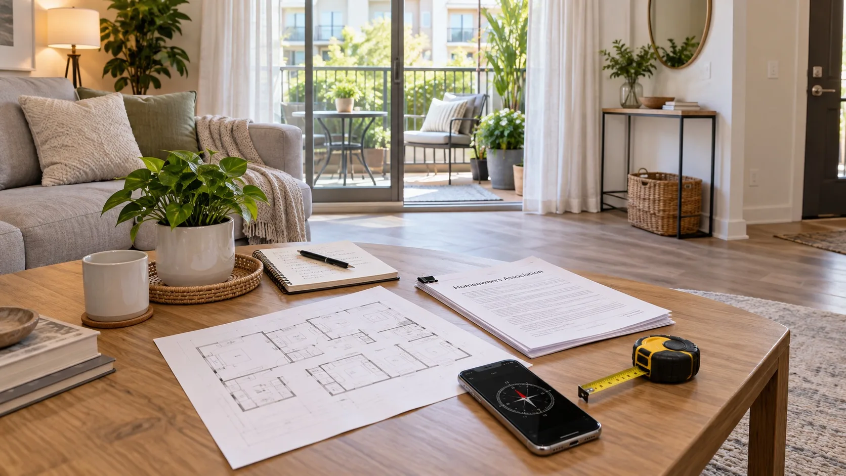 Living room and patio with floor plan compass HOA papers plants and removable Vastu-friendly setup