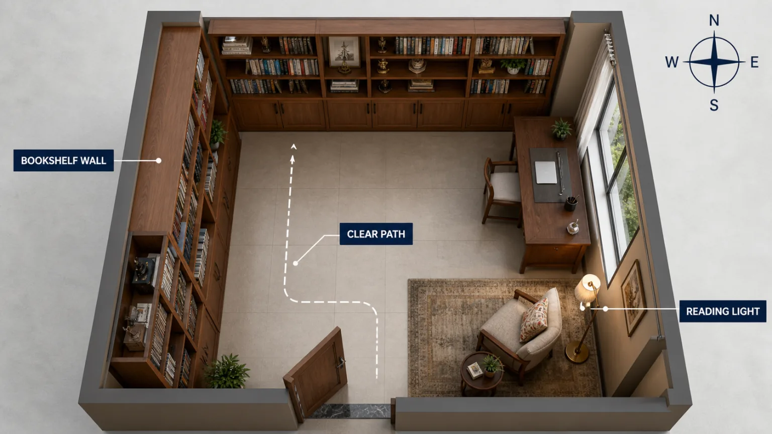 Realistic top-down home library with bookshelf wall, reading area and clear path
