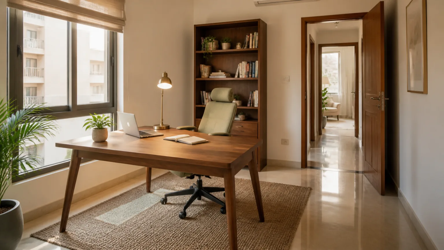 Realistic Indian home office with side window light, wooden desk and clear doorway