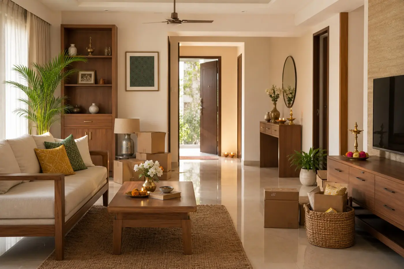 Realistic Indian housewarming setup with decorated entrance, flowers, lamp, clean doorway and warm home interior