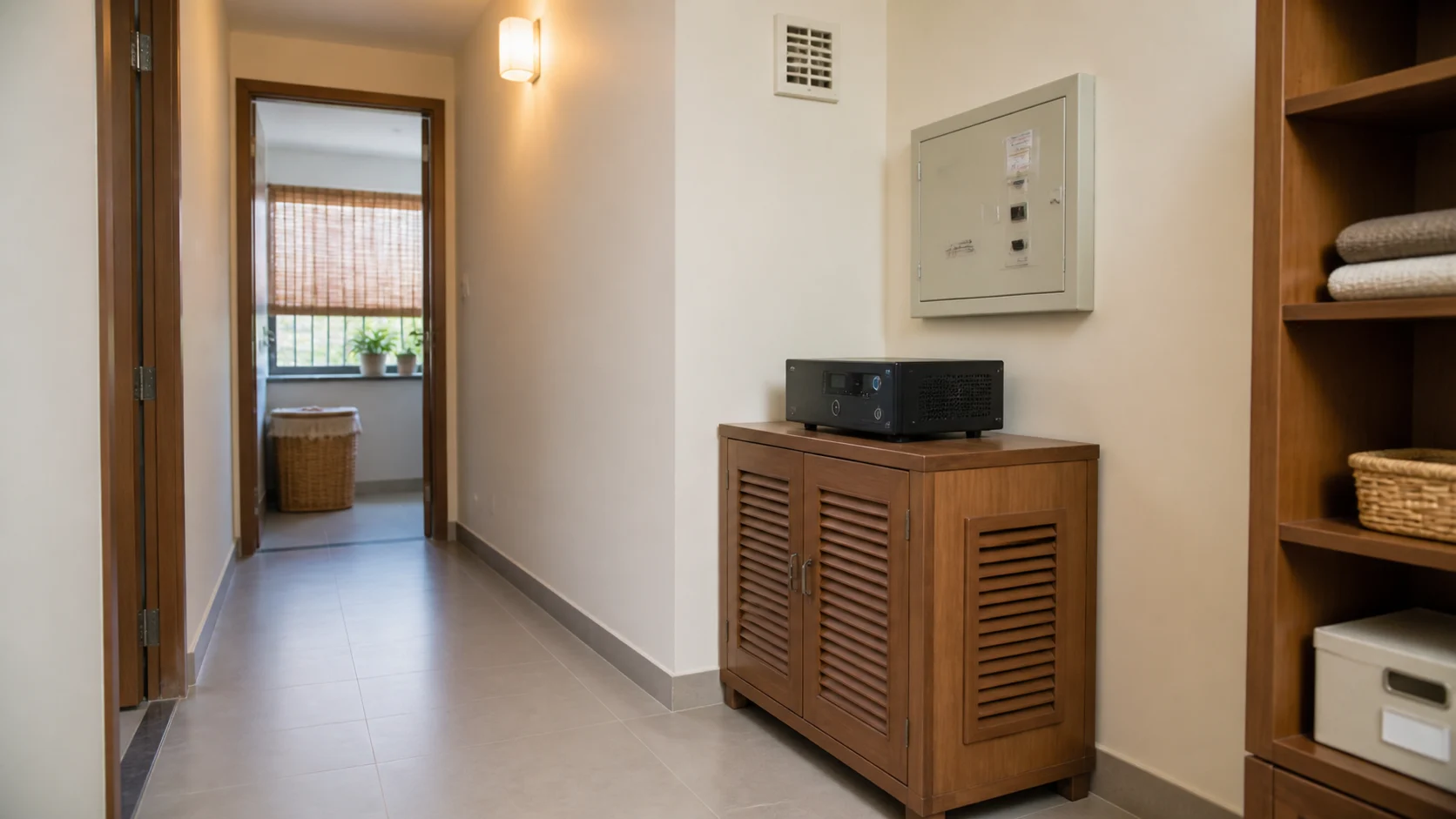 Electrical inverter battery cabinet with clean access and organized utility placement