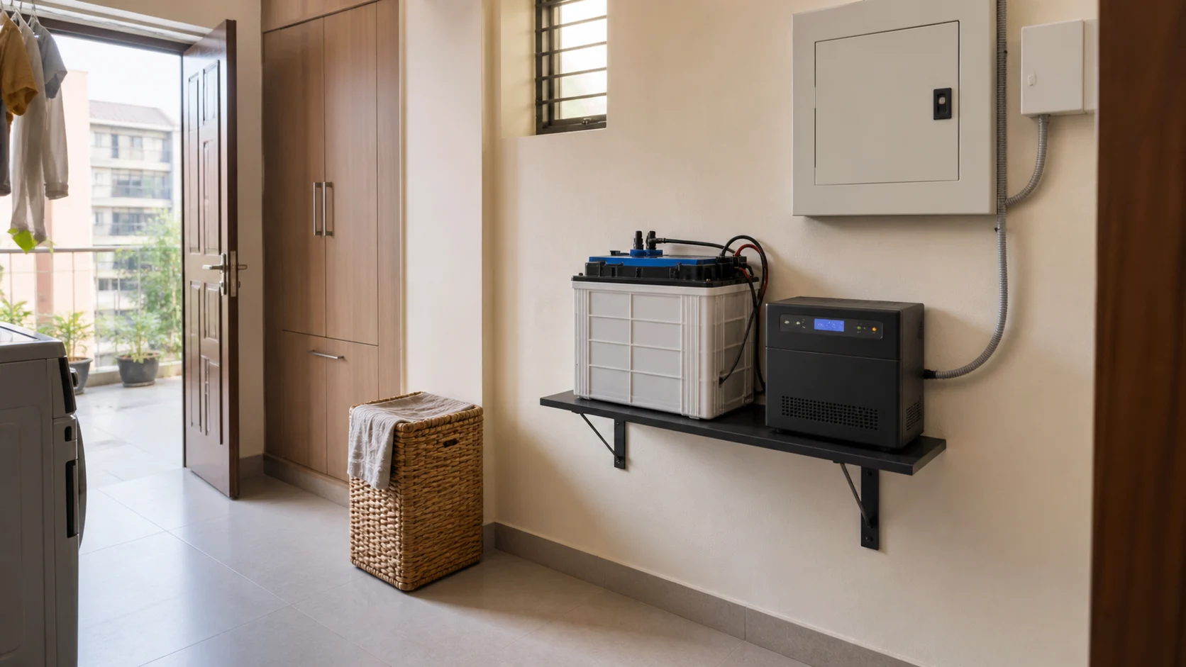 Realistic Indian apartment utility corner with inverter battery backup on a dry ventilated side wall