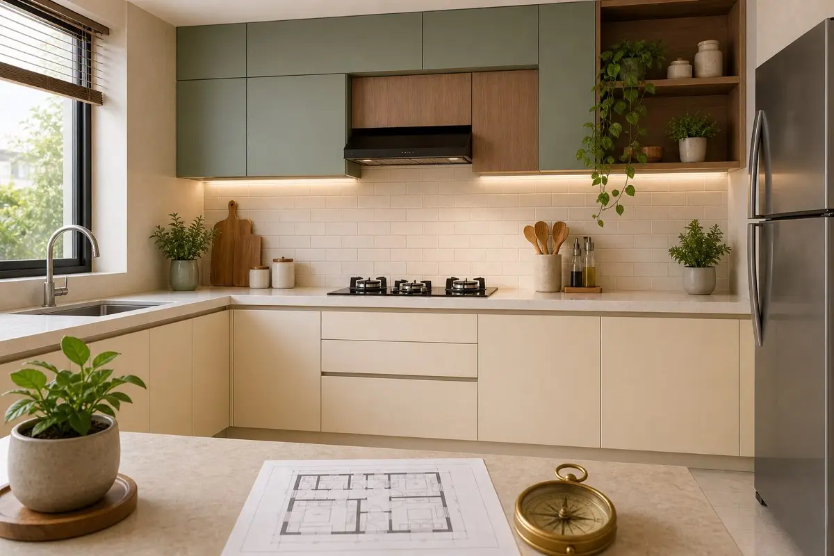 Modern Indian kitchen with cream, sage green and wood colours for Kitchen Colours Vastu guidance