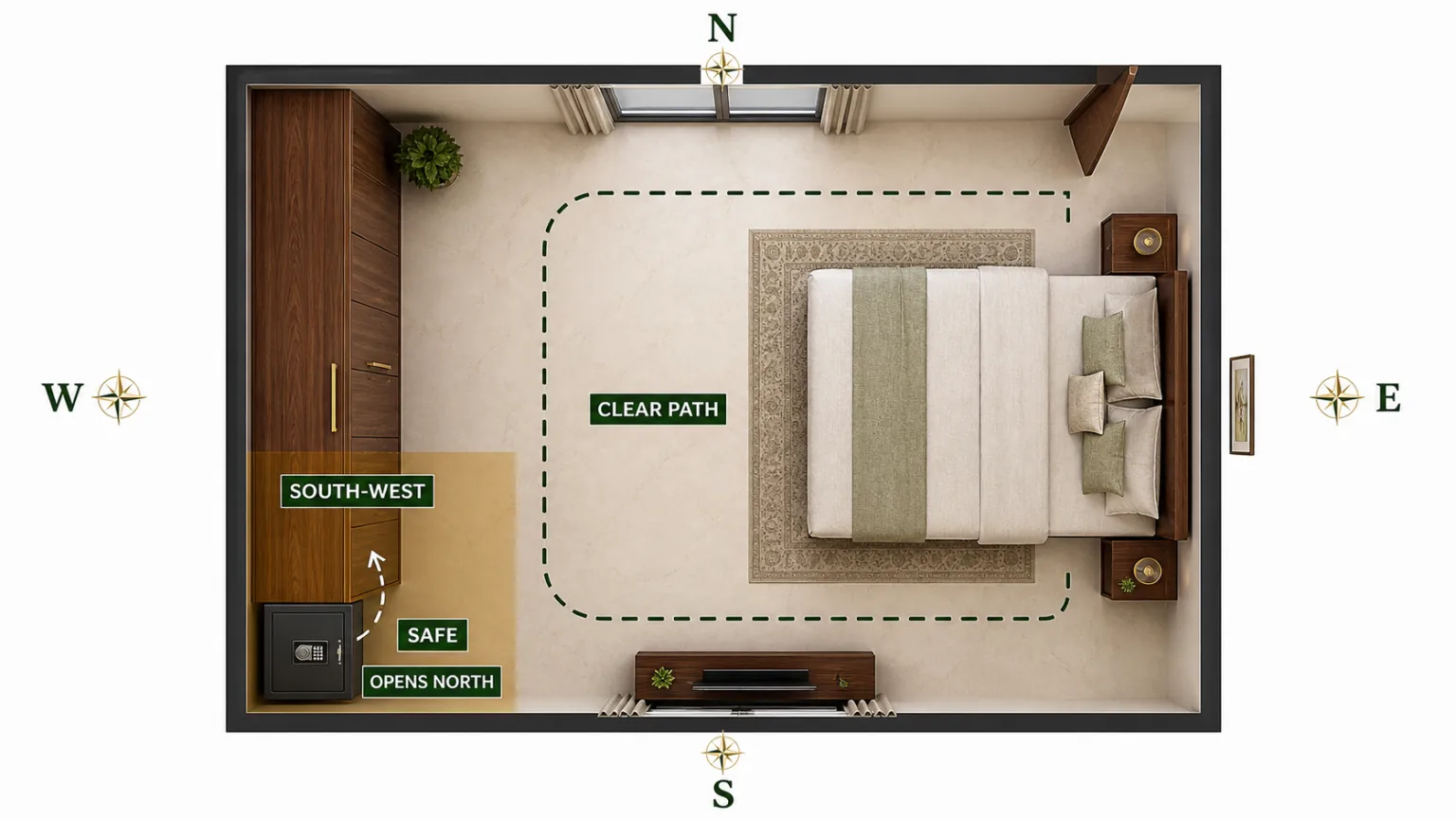Realistic locker safe Vastu direction chart showing South-West placement and North-opening access