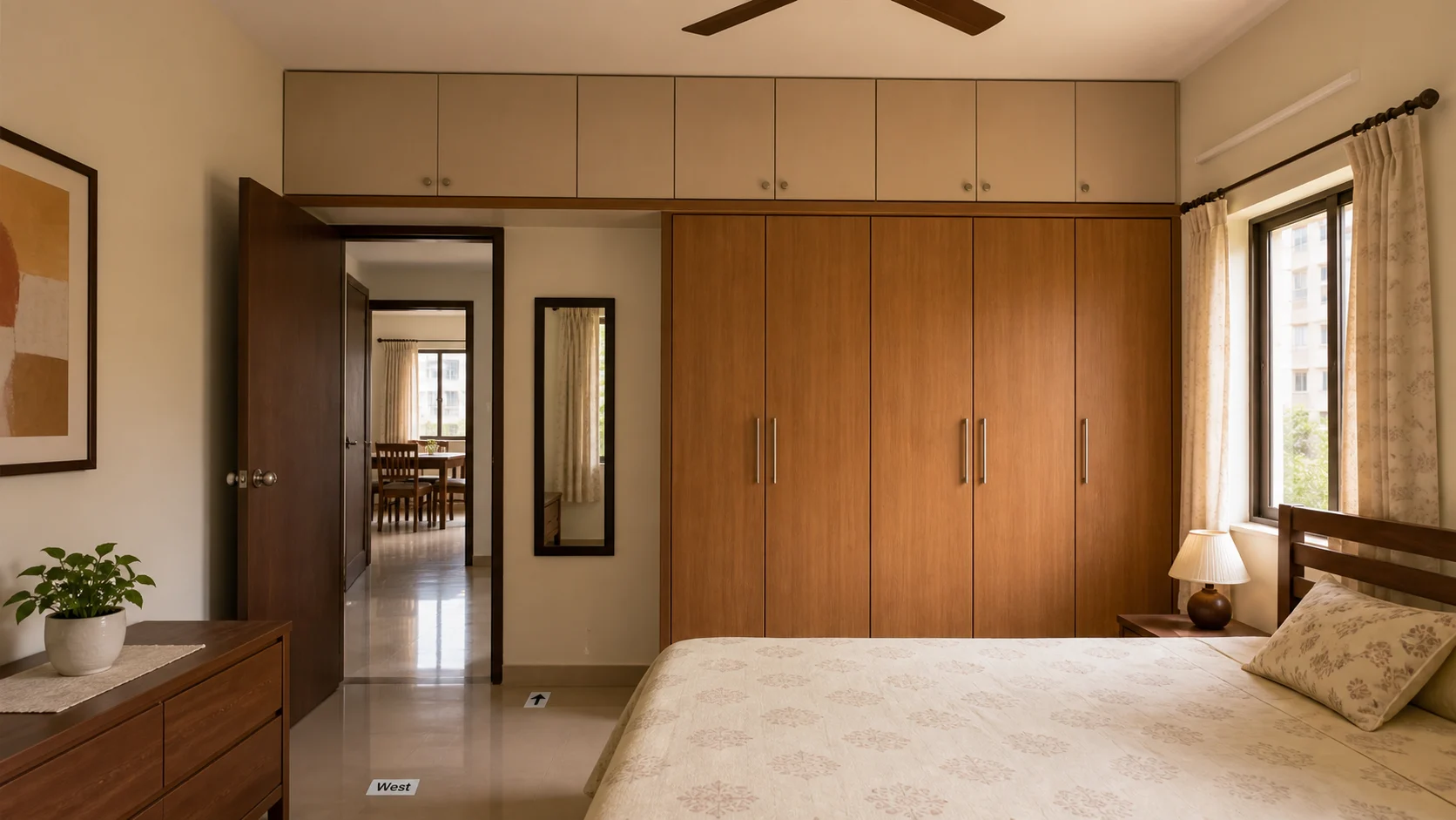 Indian bedroom with closed storage, clear bed area and uncluttered movement