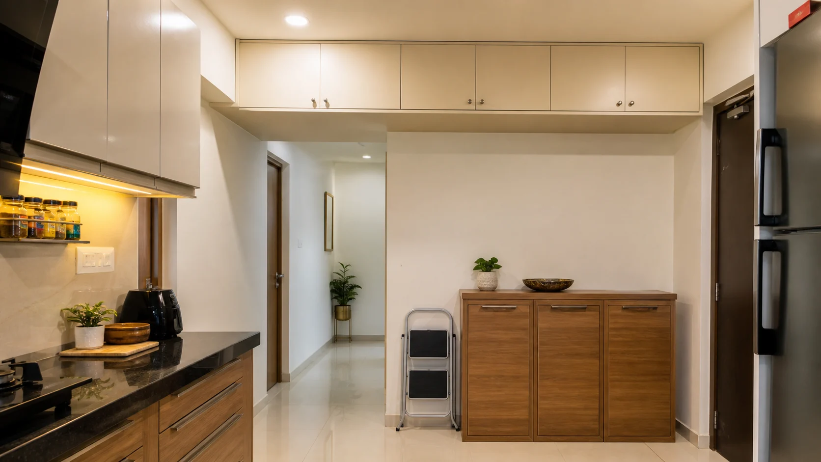 Kitchen passage loft storage with tidy cabinets and clear walking space below