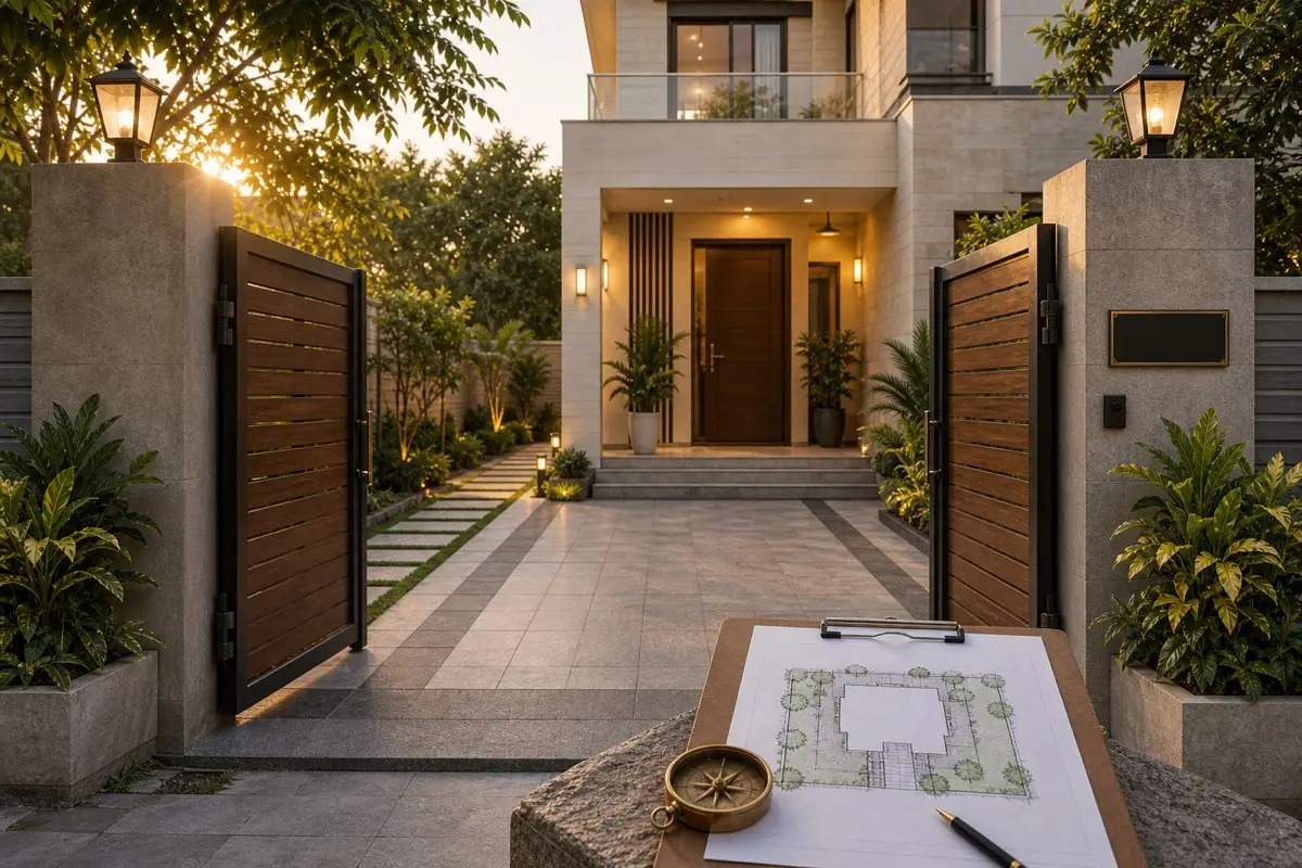 Realistic Indian house main gate with compound wall, path, garden, site plan and compass