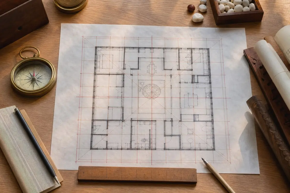 Floor plan with compass and Vastu Purusha Mandala grid