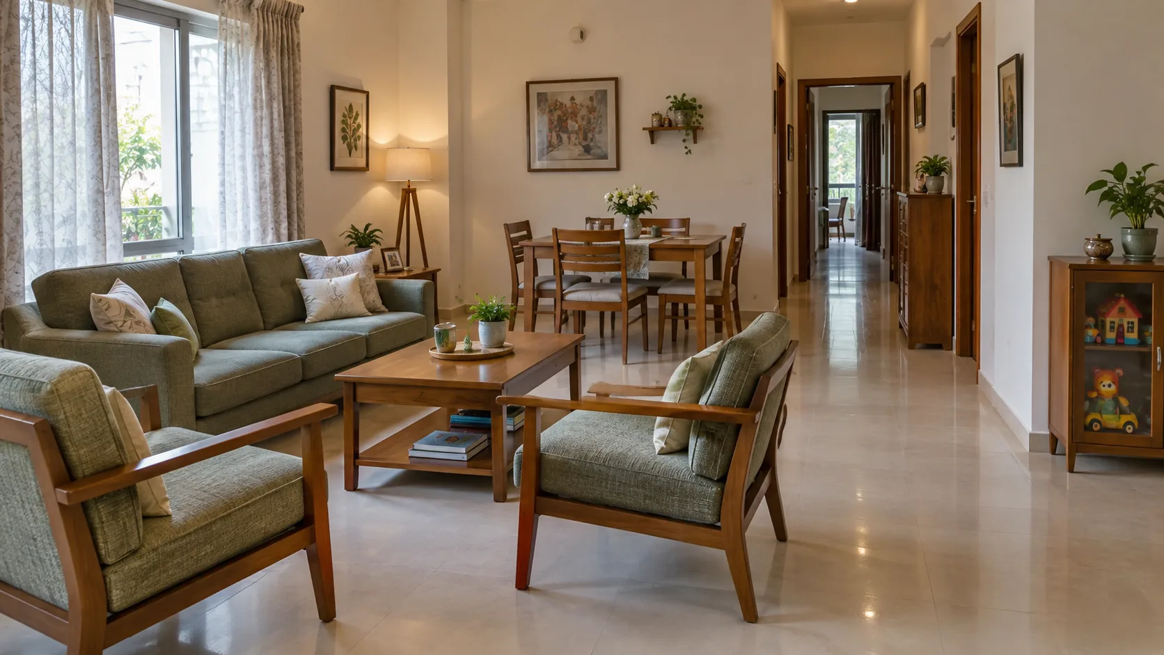 Shared living and dining room with green seating and an open hallway route