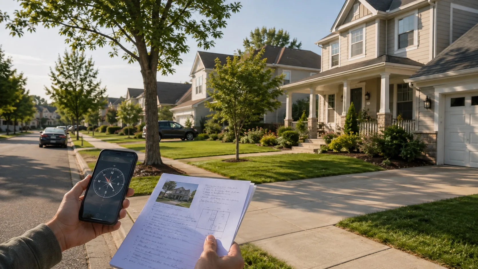 USA home buyer reviewing neighborhood street approach with compass and property notes