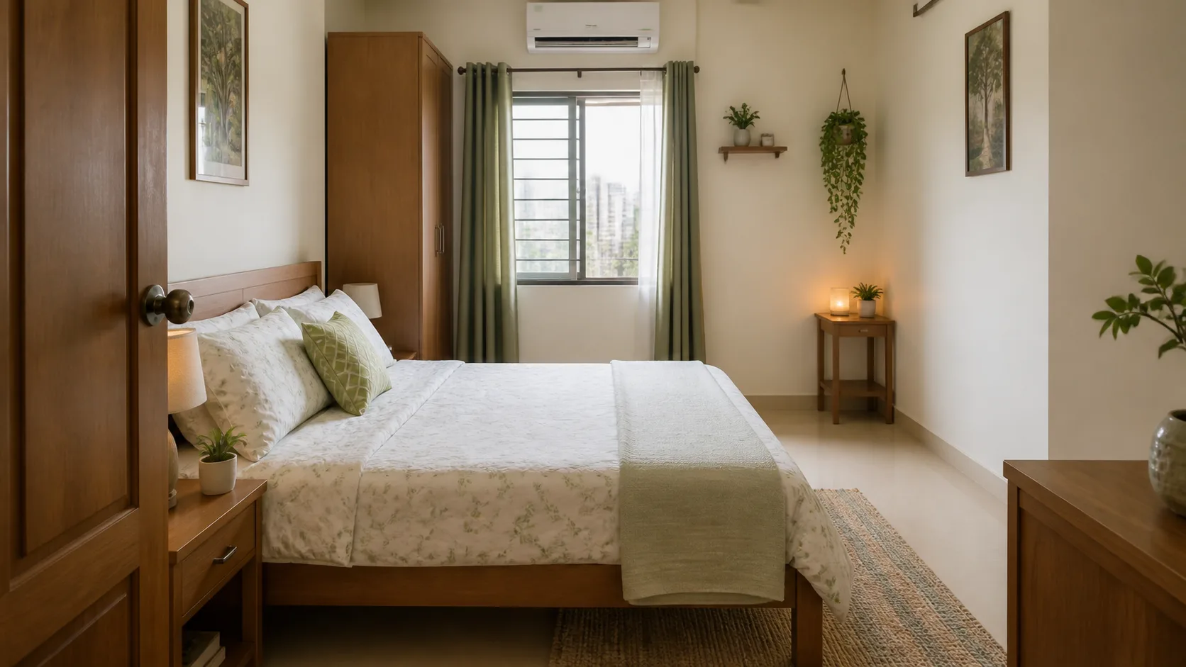 Realistic Indian apartment bedroom with clear light corner for north-east bedroom Vastu guidance
