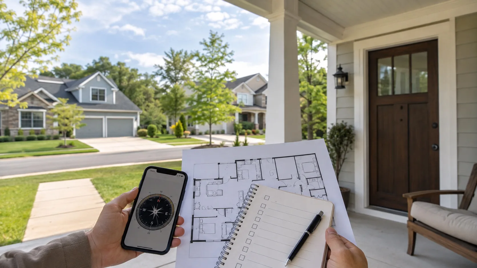 Home buyer comparing North and South facing houses with compass and floor plan