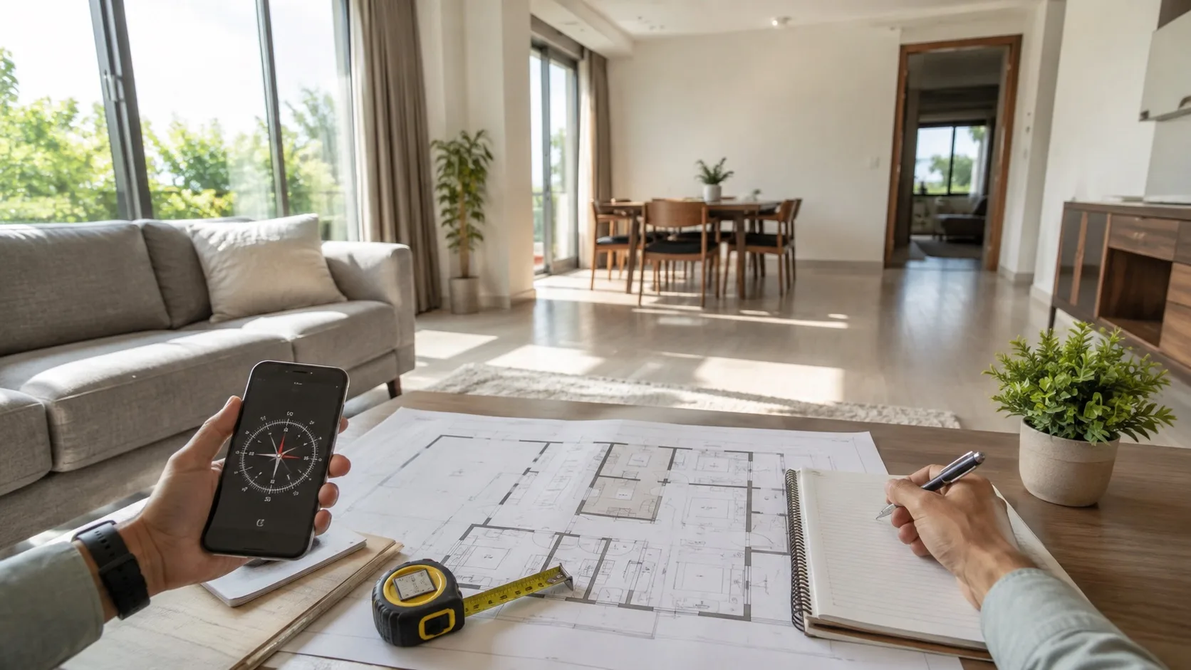 Buyer reviewing living room daylight floor plan compass and room flow before choosing home direction