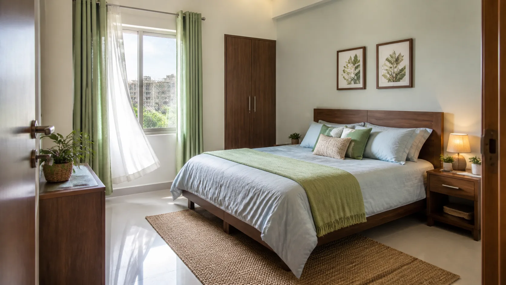Realistic Indian apartment north-west bedroom with airy curtains and stable bed placement