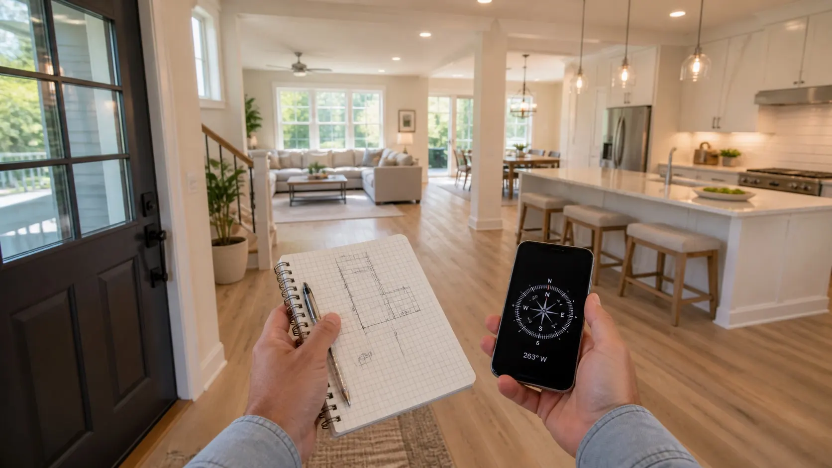 USA home buyer checking entry flow with notebook and phone compass during an open house