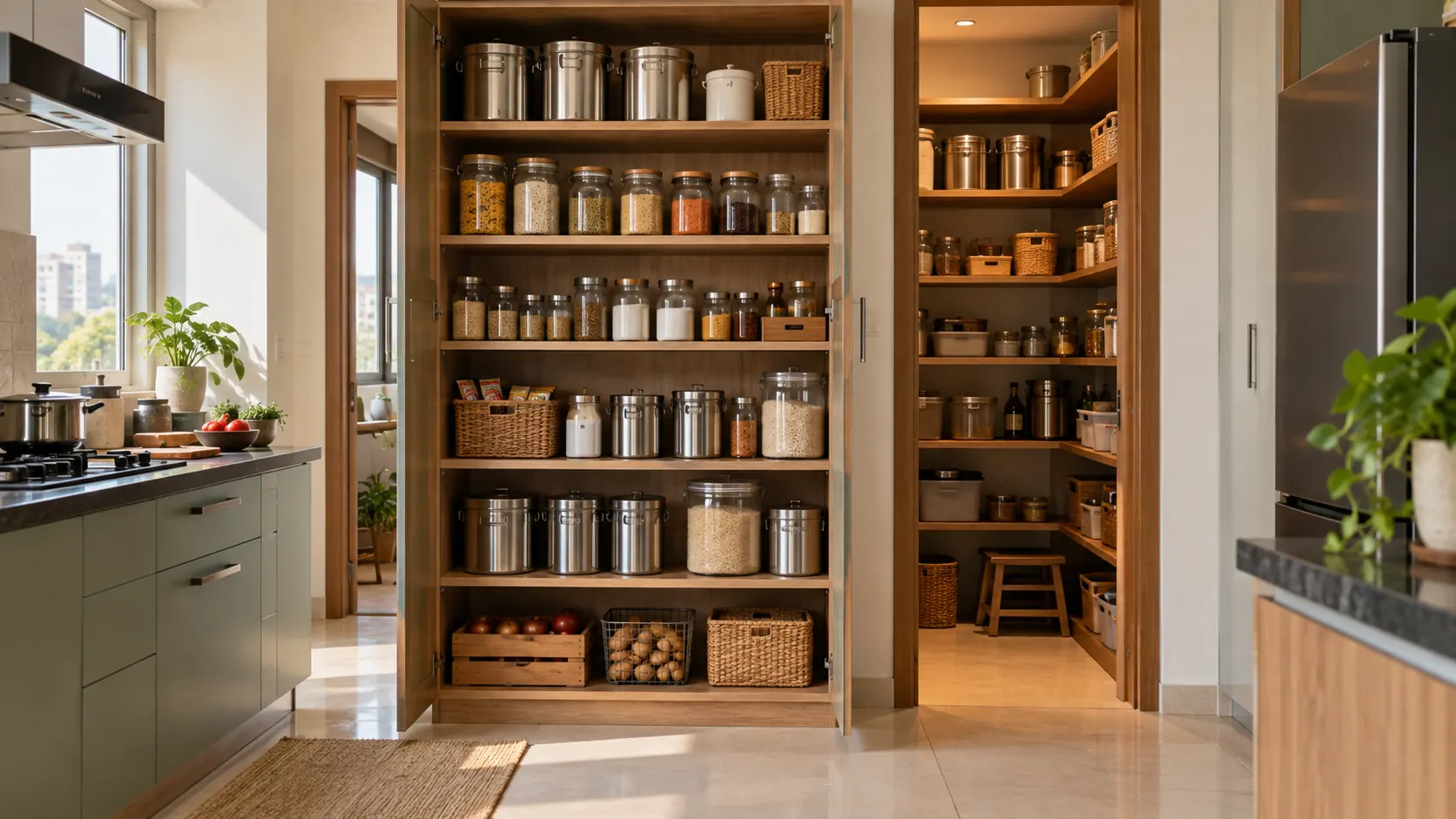 Organised pantry in a modern Indian kitchen with grains, pulses and spices