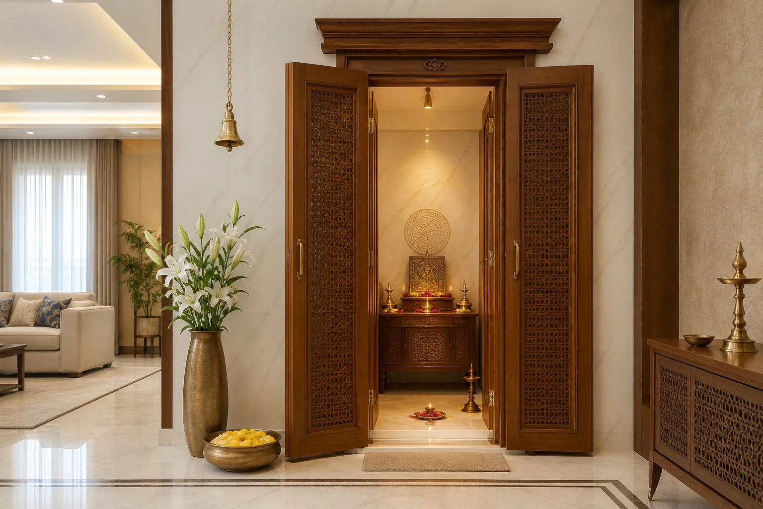 Realistic Indian pooja room with carved wooden door, warm lamp light, flowers and clean prayer space
