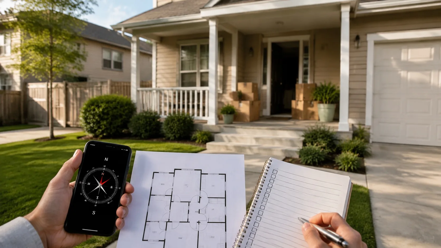 Relocating family checking a rental home before buying with Vastu compass and floor plan