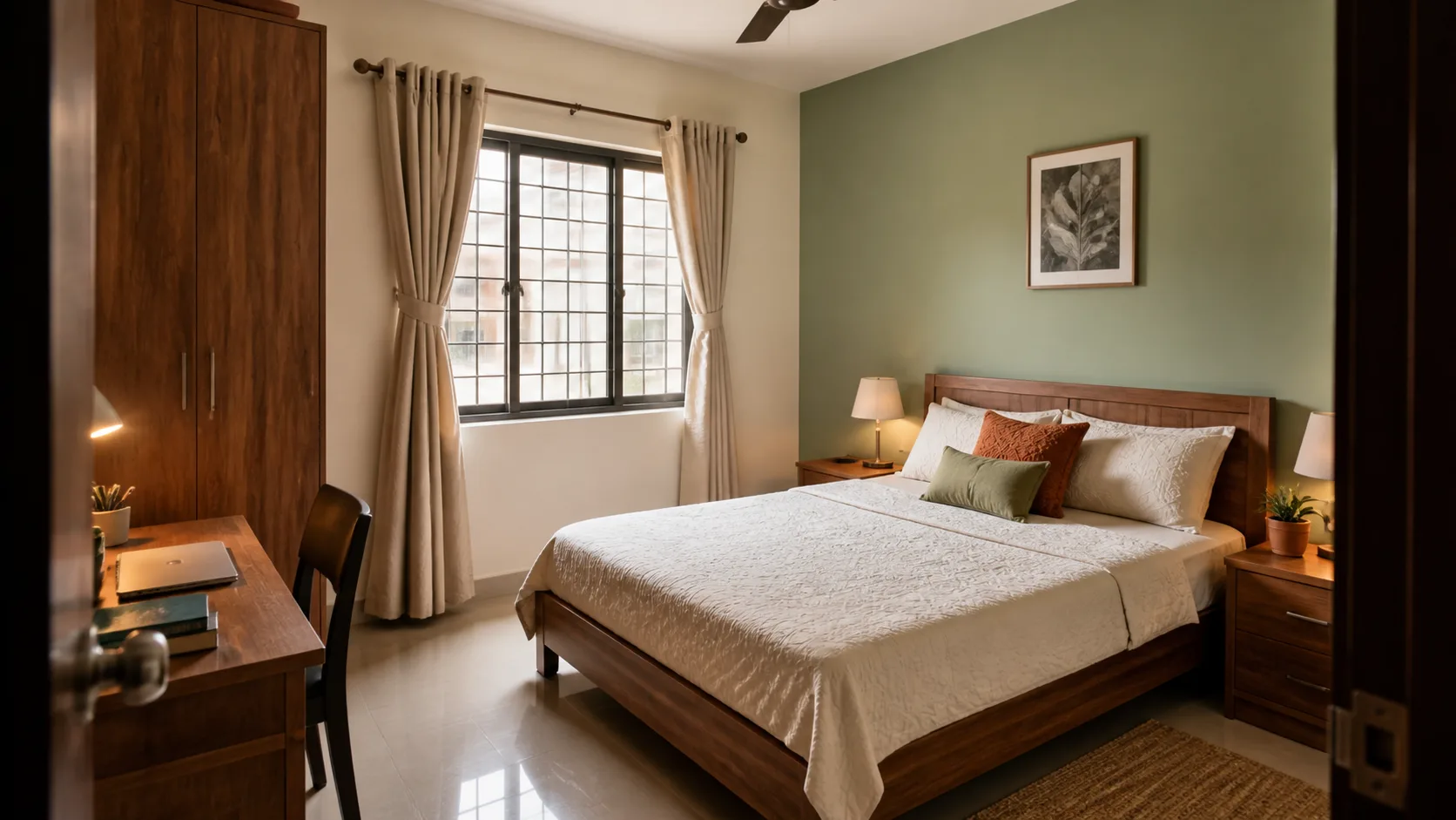 Realistic Indian apartment bedroom with calm south-east bedroom Vastu layout and muted colours