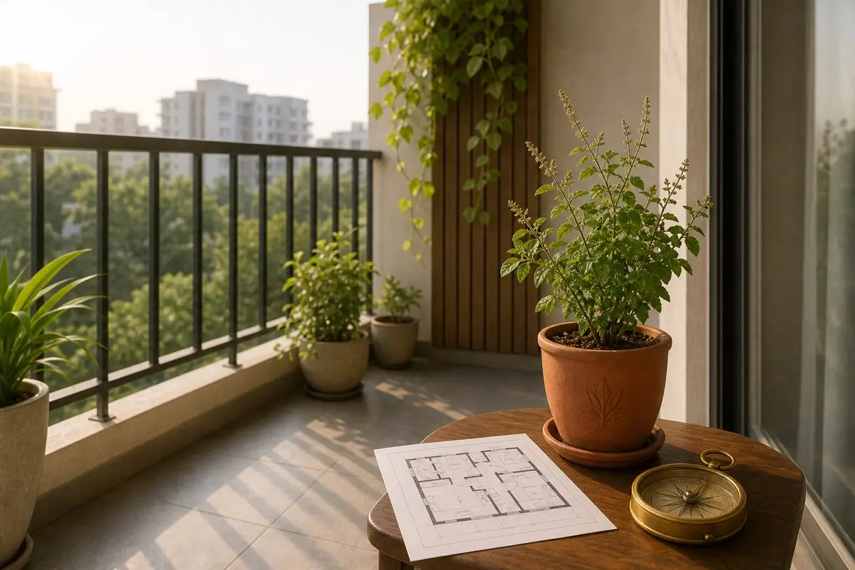 Indian apartment balcony with healthy Tulsi plant in terracotta pot, floor plan and compass