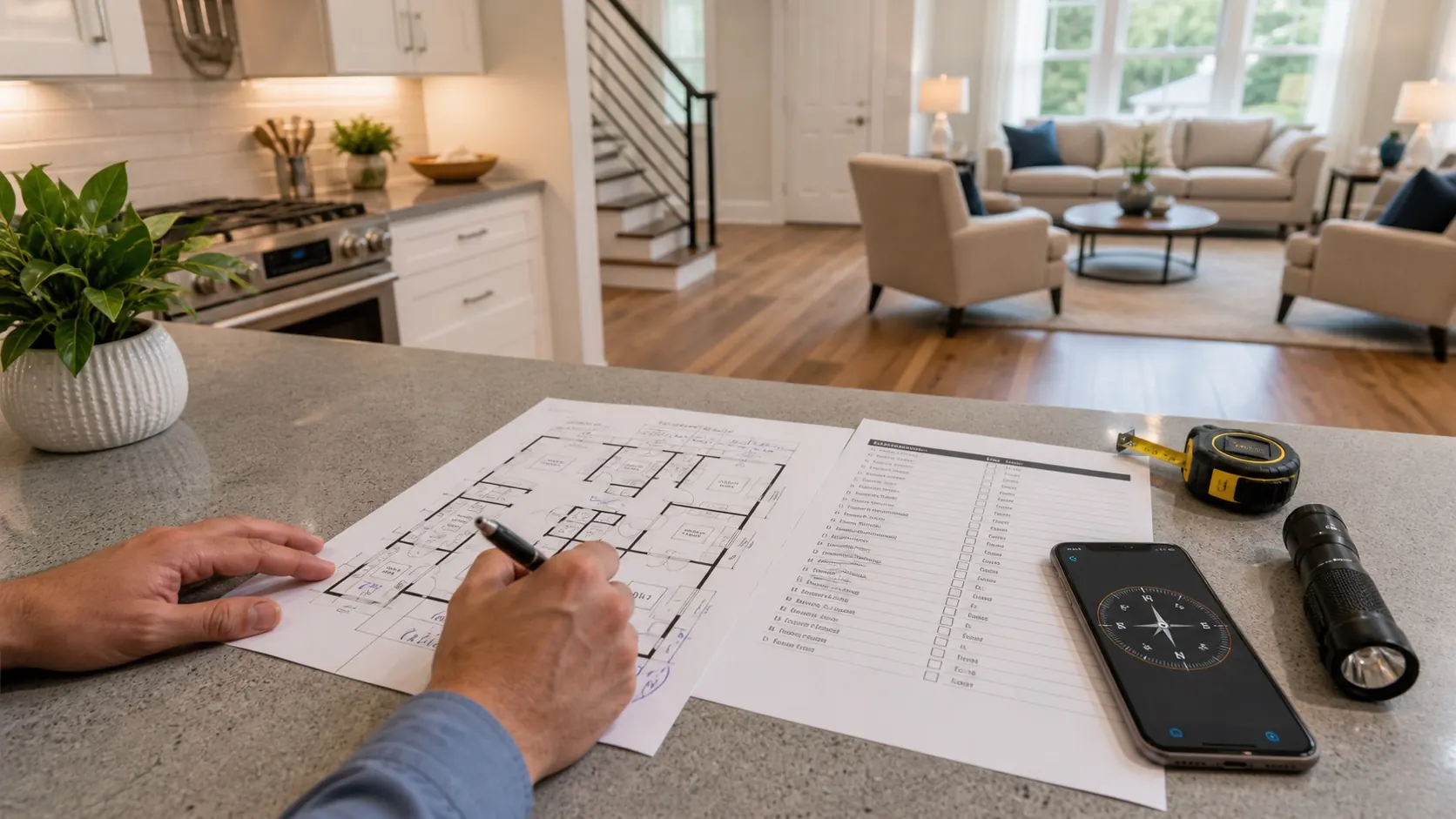 USA home buyer reviewing inspection checklist floor plan compass and flashlight