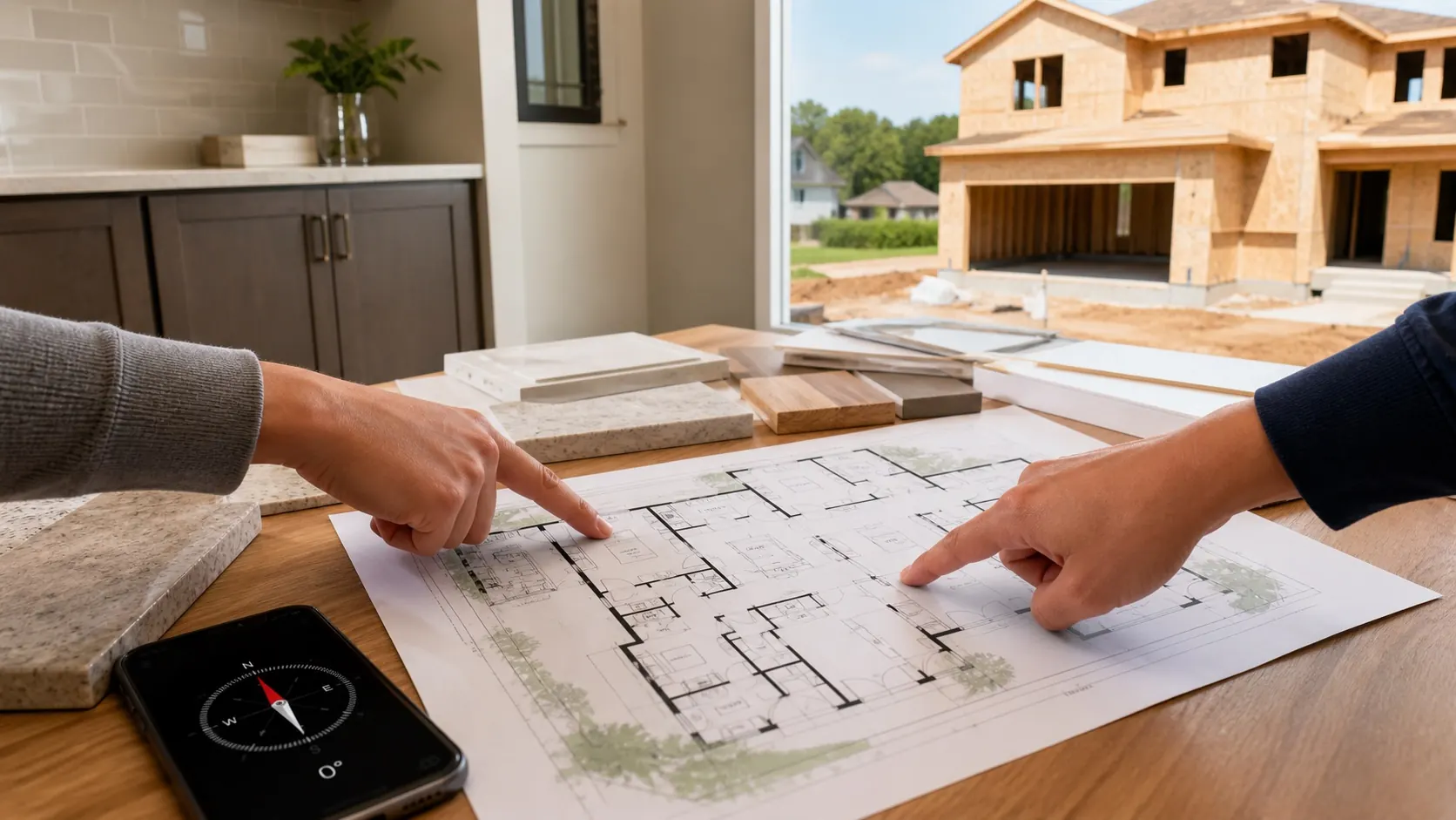 USA new-construction home buyers reviewing a builder floor plan and compass near a home under construction