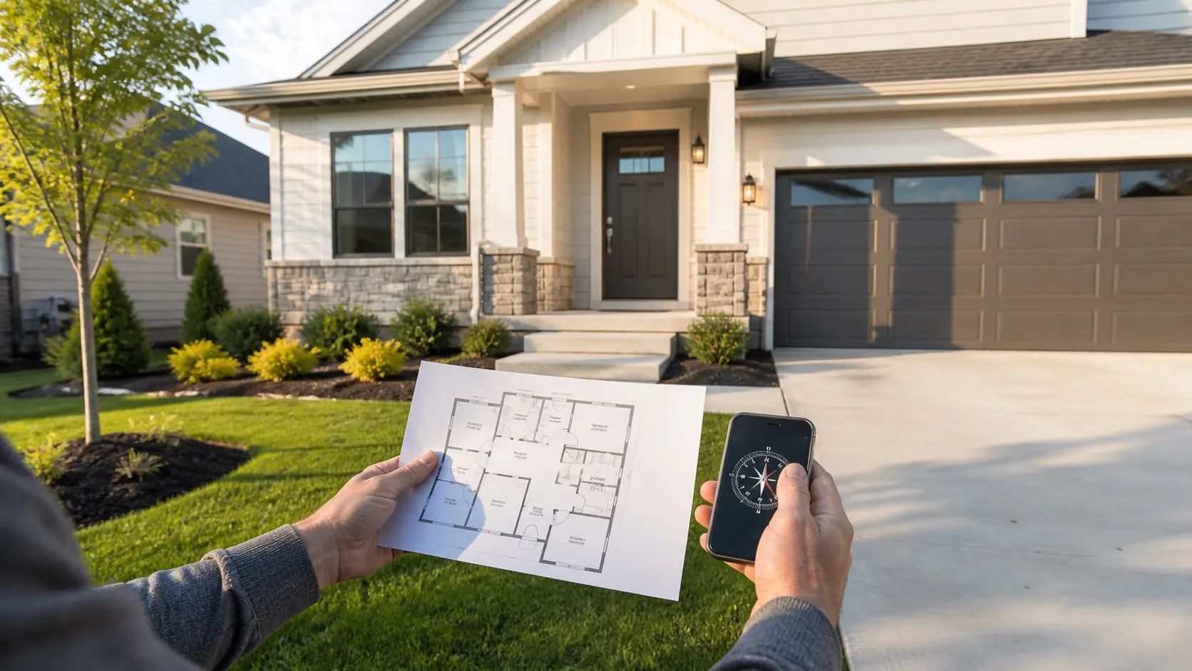 USA detached home buyer checking a floor plan and compass outside a single-family house