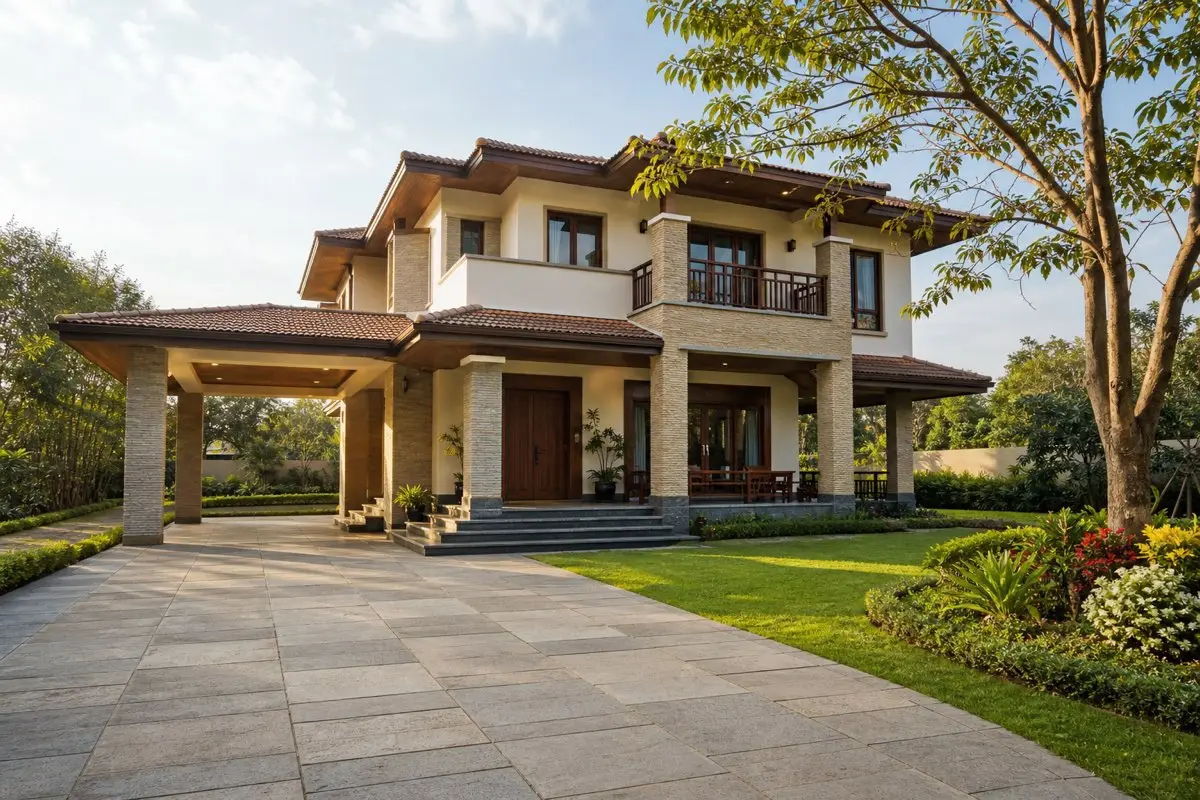 Realistic contemporary Indian villa with landscaped garden